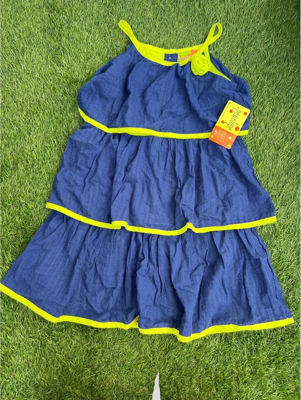 Penelope Mack Girls 6X Blue Tiered Dress with Neon Yellow Trim